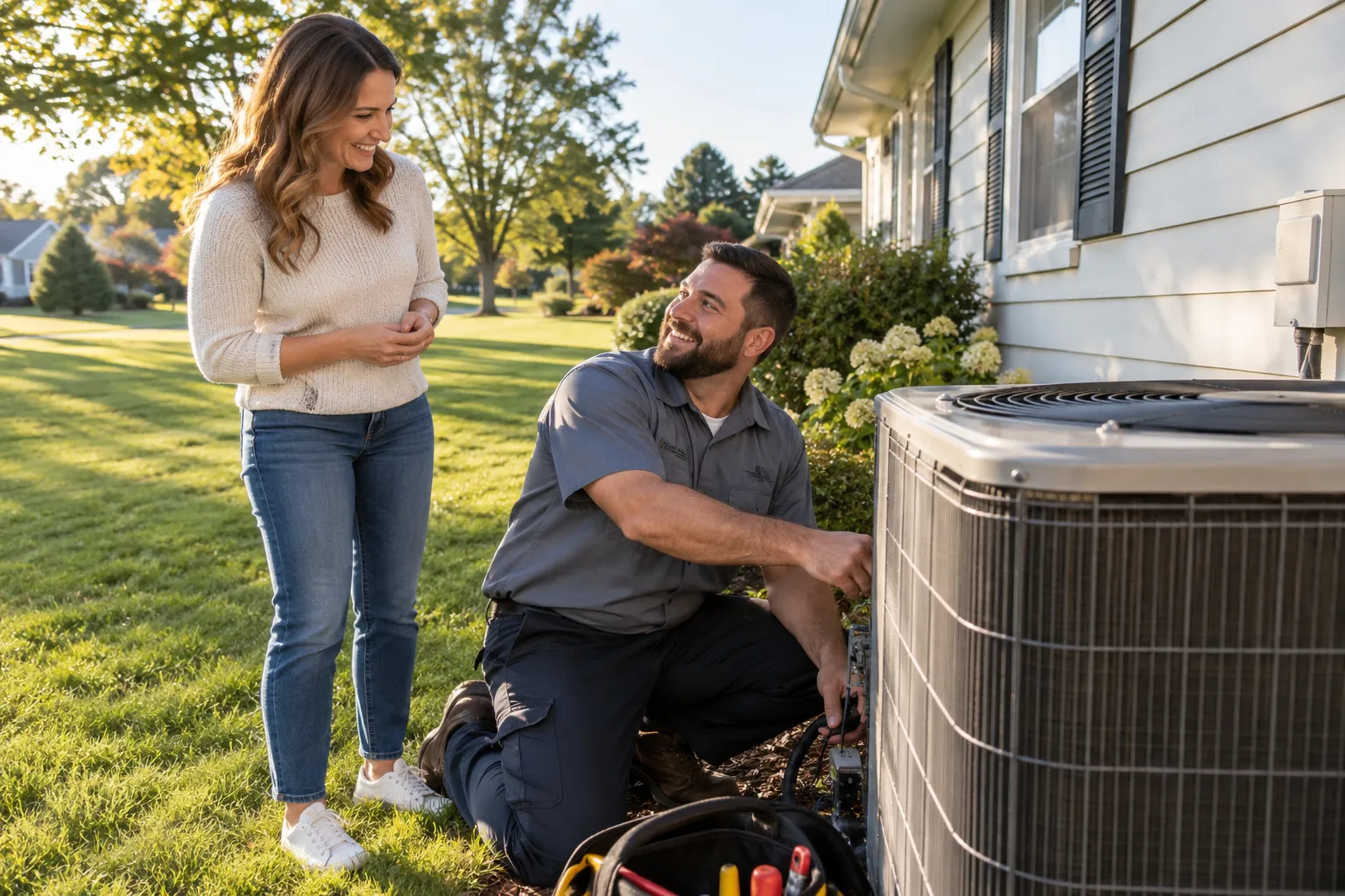 Independent local provider checking an outdoor air conditioner unit beside a ranch-style home in Overland Park