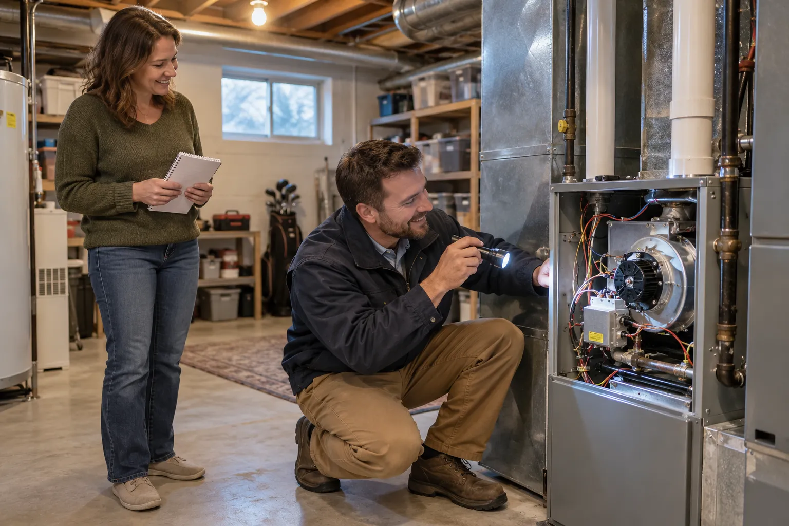 Friendly HVAC provider inspecting a gas furnace in a home basement in the Overland Park area while a homeowner looks on